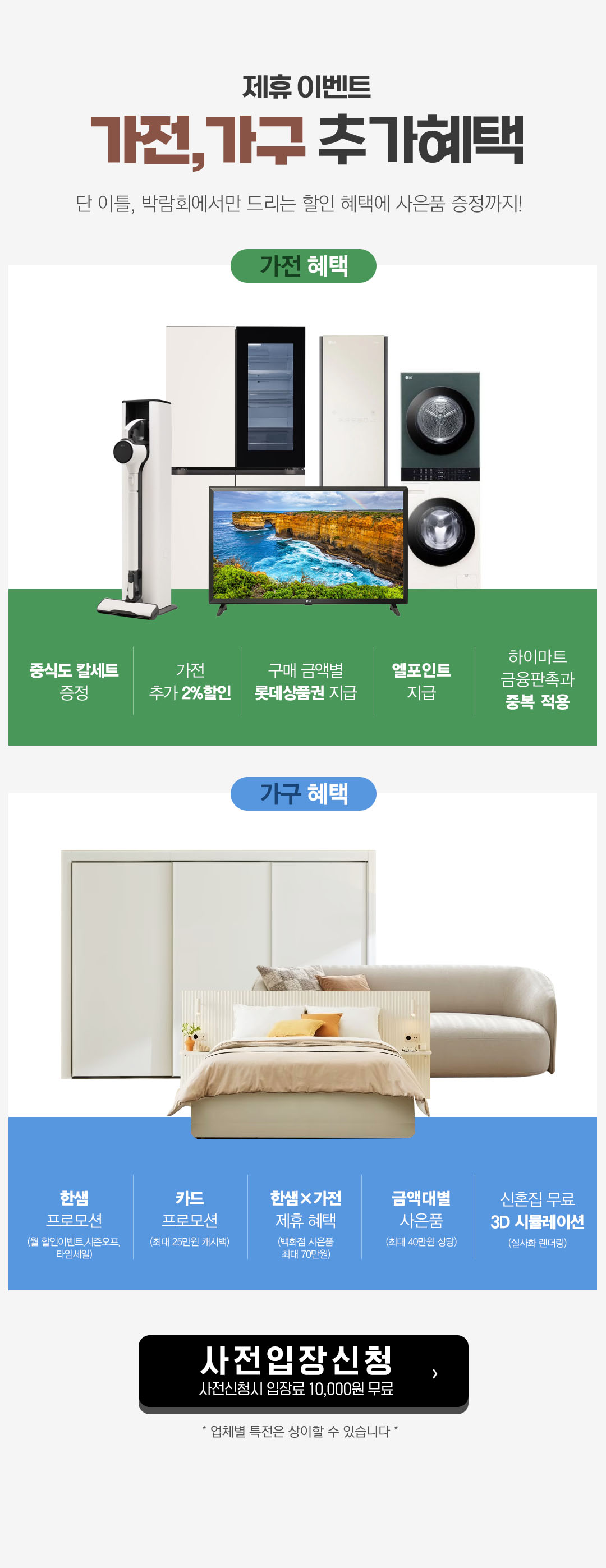 가전·가구 제휴 이벤트: 가전 2% 추가 할인, 하이마트 중복 혜택, 상품권 및 포인트 지급. 가구 한샘 프로모션, 금액별 사은품, 신혼집 무료 3D 시뮬레이션 제공